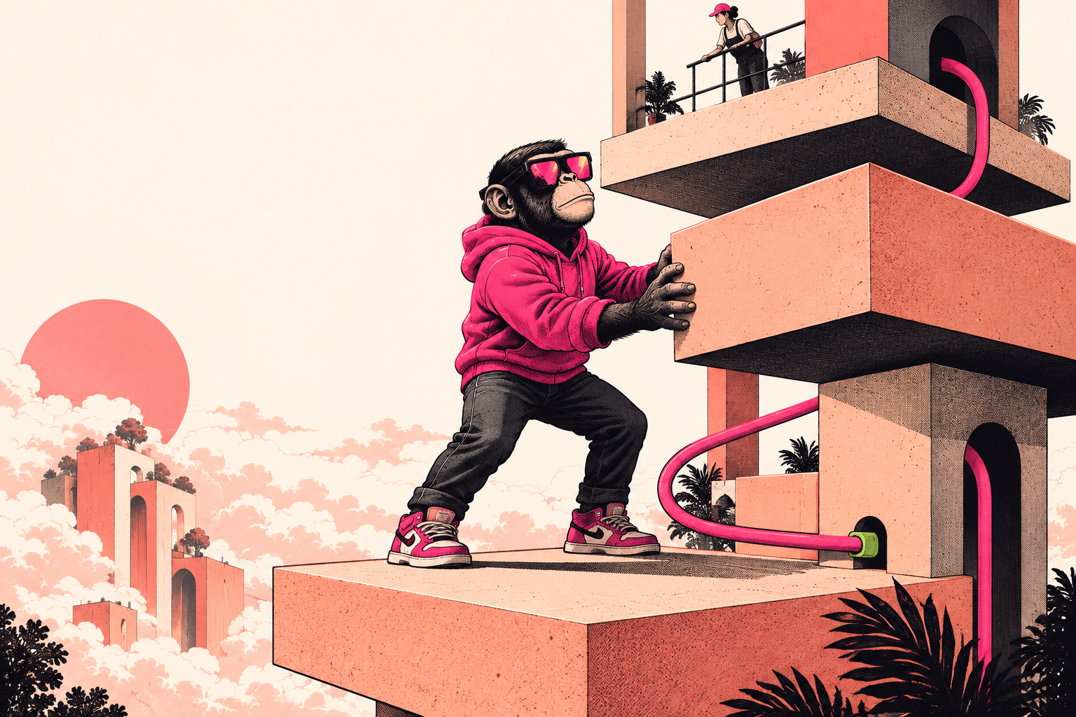 An illustrated IronicApe in a pink hoodie builds a stack of peach architectural platforms, connected by a bright pink cable.